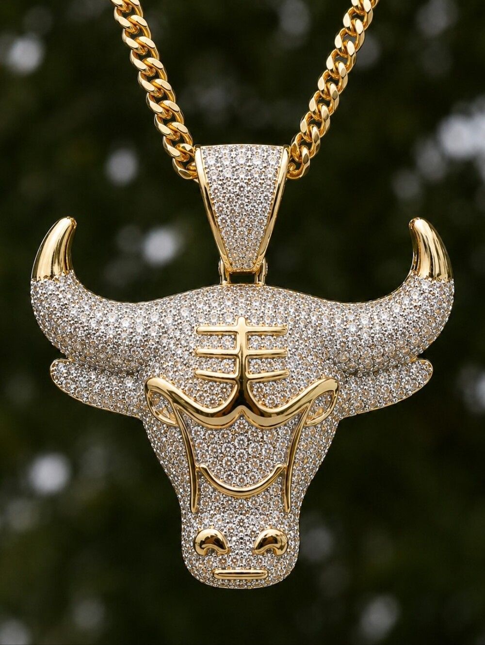 14k GP Simulated Diamond Bull Necklace